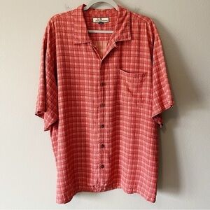 Tommy Bahama Men’s 100% Silk Coral Plaid Short Sleeve Button Front Shirt XL